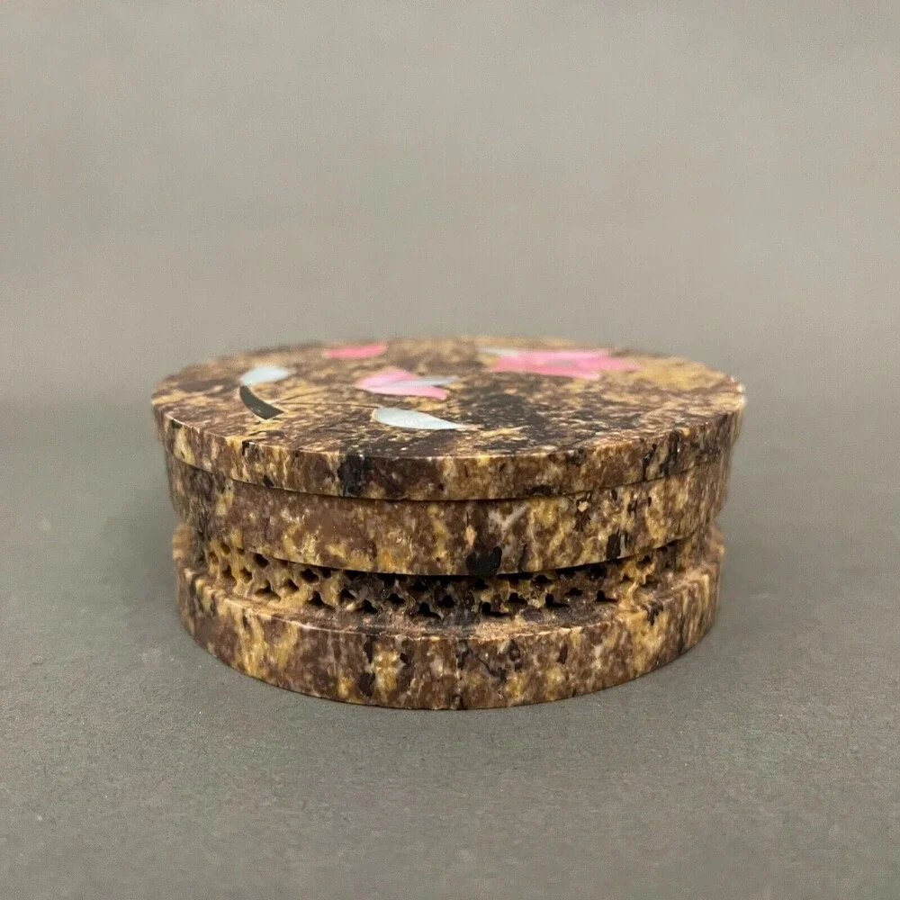 Round Marble Stone‎ Floral Flowers Trinket Jewelry Box